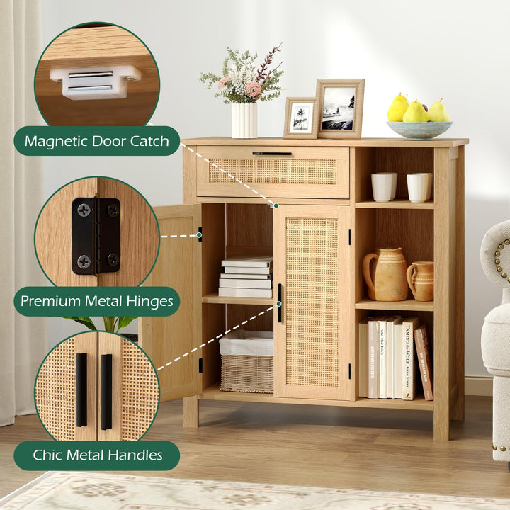 Giantex Buffet Cabinet with 2 Doors, Drawer 3 Open Cubbies Adjustable Shelf (Natural)