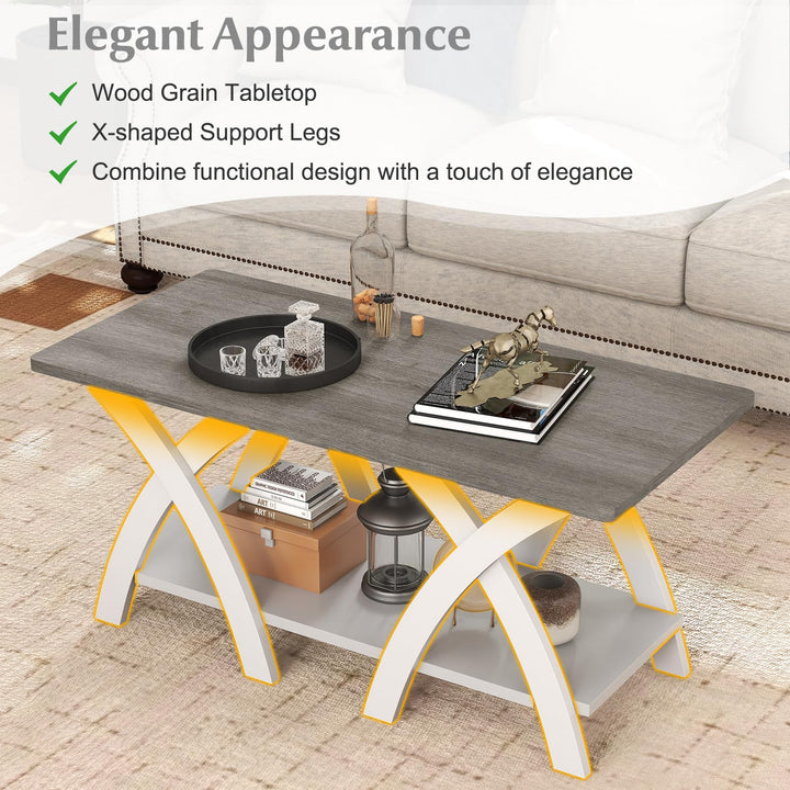 Giantex Farmhouse Coffee Table 2-Tier Wood Center Table with Storage Shelf & X-Shaped Support Legs