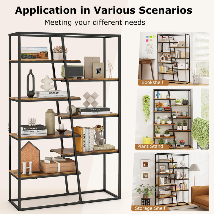 Giantex 7-Tier Industrial Bookshelf, Heavy-Duty Staggered Bookcase, Freestanding Display Storage Rack