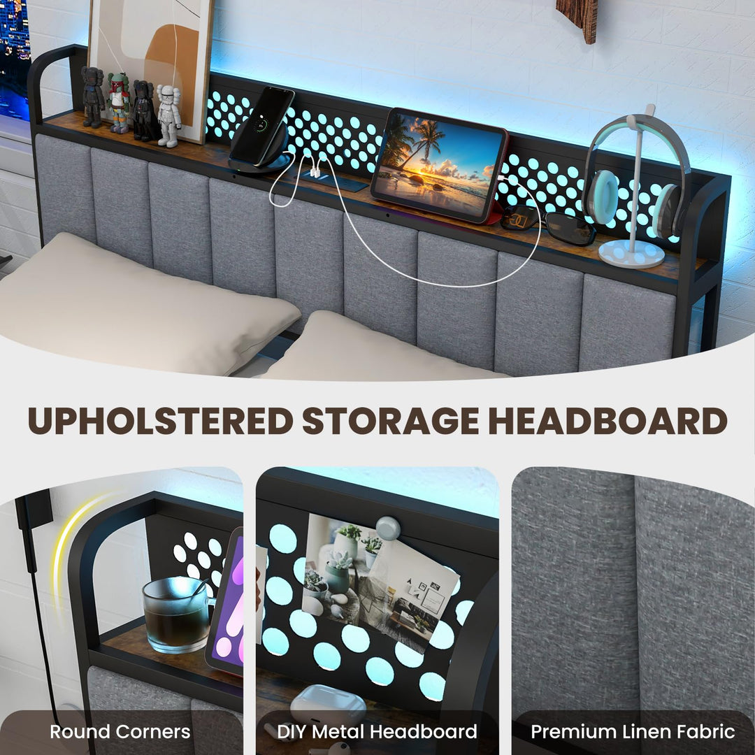 Giantex LED Bed Frame with Charging Station, Metal Platform Bed with Upholstered Headboard & 4 Storage Drawers