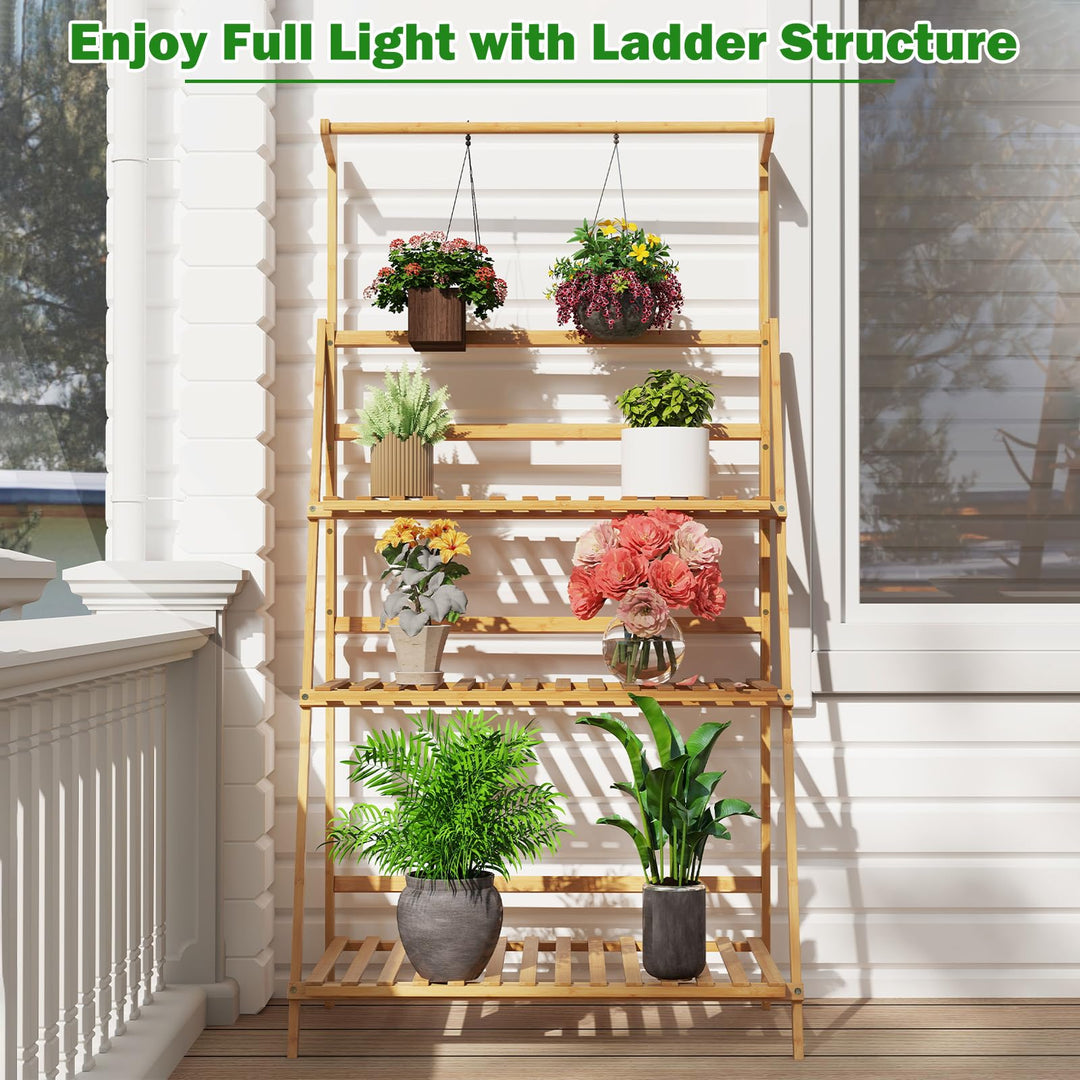 Giantex Plant Stand Indoor Outdoor - Bamboo 3-Tier Hanging Tall Ladder Flower Pot Display Organizer Rack