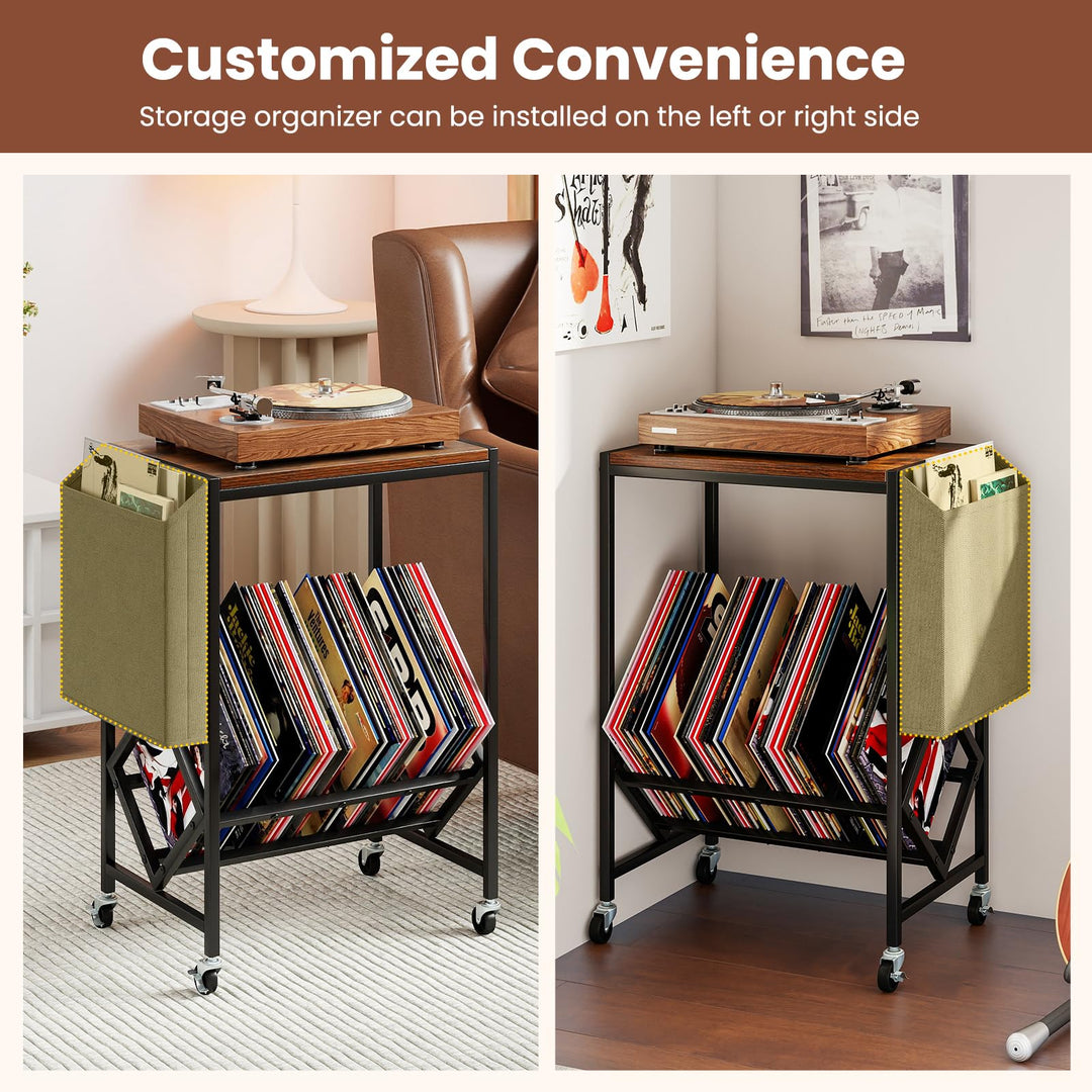 Giantex Rolling Record Player Stand 2-Tier with Vinyl Storage and Magazine Holder Bag