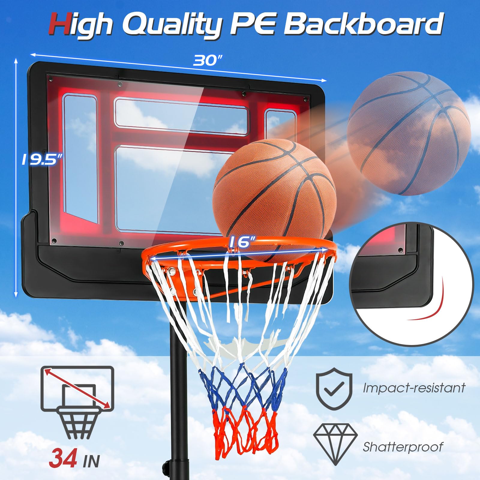 Giantex Portable Basketball Hoop, 4.3 FT-8.2 FT Stepless Height Adjustable Basketball Goal System for Kids Teenagers Youth