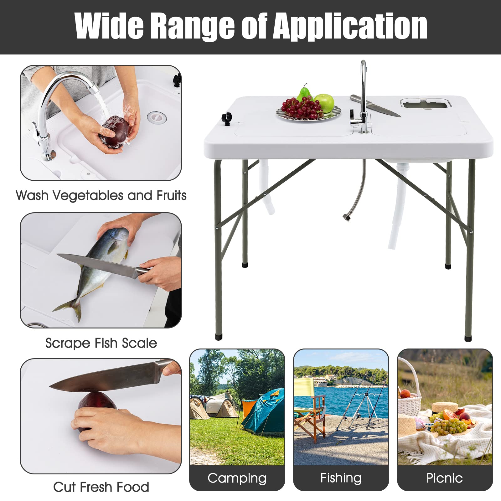Giantex Fish Cleaning Table with 2 Sinks, Faucet, Garage Holder, Portable Folding Camping Table with Measuring Mark