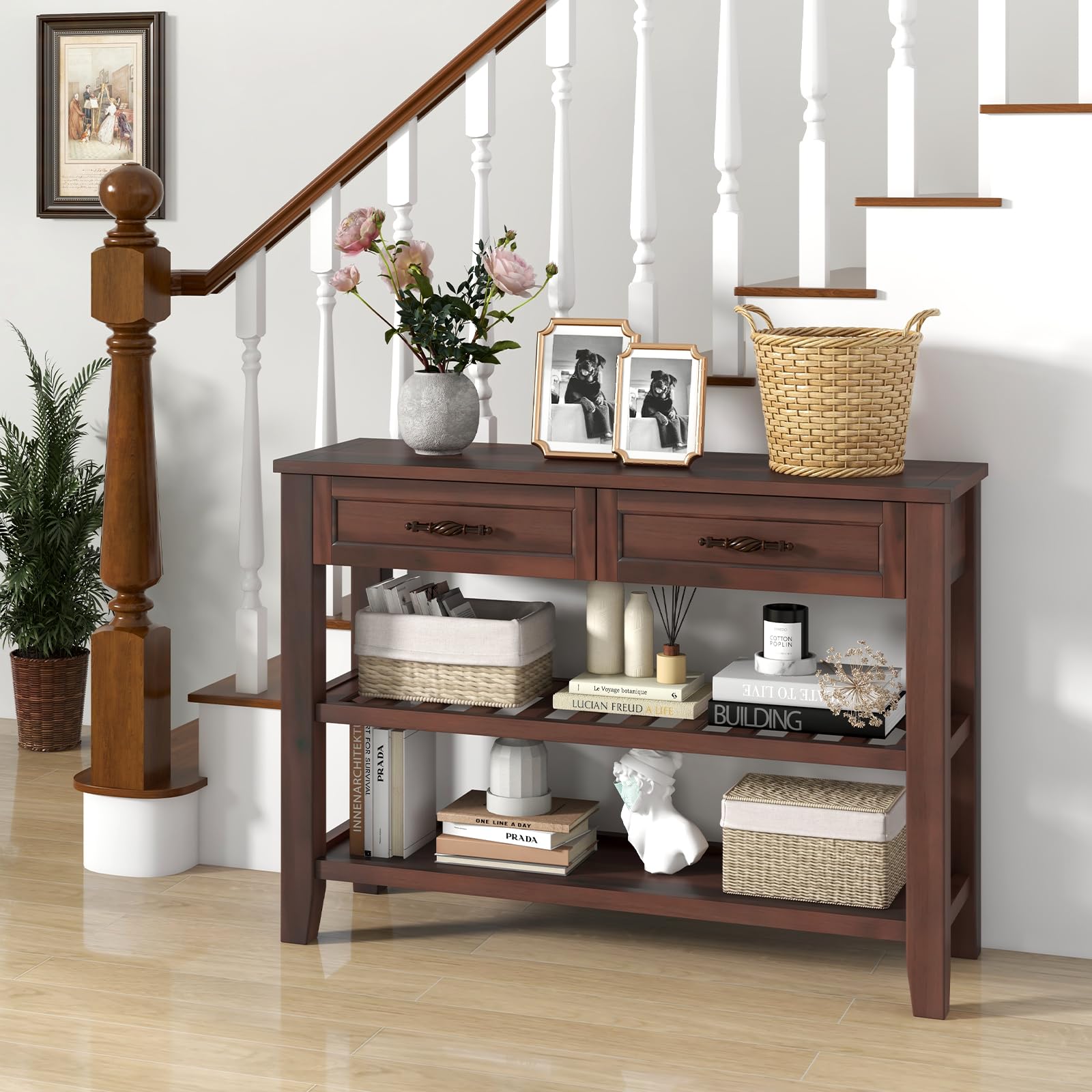 Giantex Console Table with 2 Drawers, 3-Tier Narrow Entryway Table with Storage