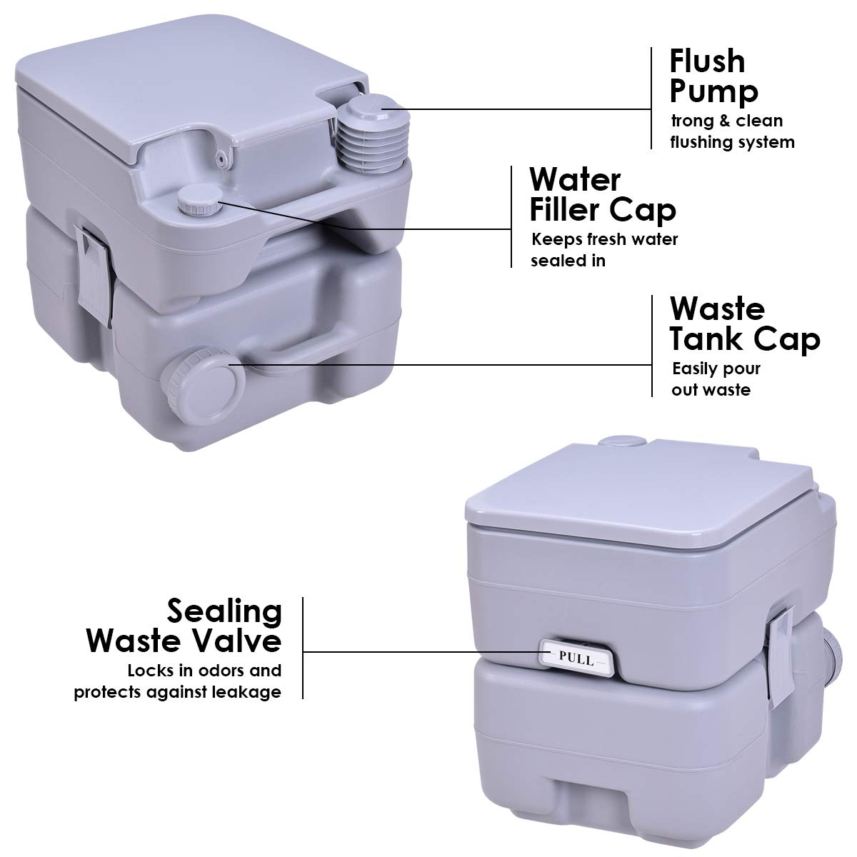 Portable Toilet 5.3 Gallon with T-Shaped Flush System