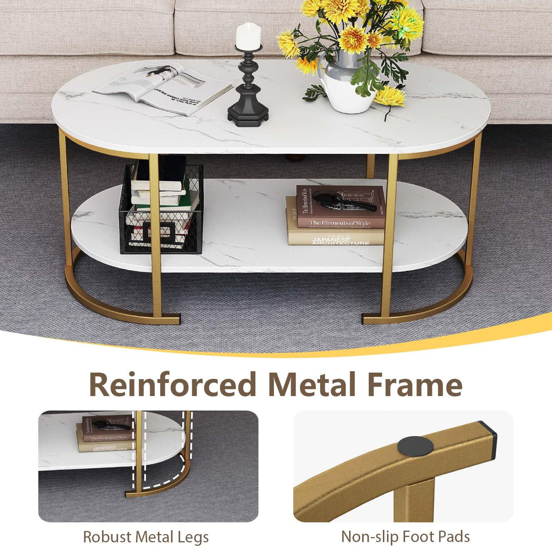 Giantex 2-Tier Coffee Table Oval Center Table with Wood Grain Top & Open Storage Shelf