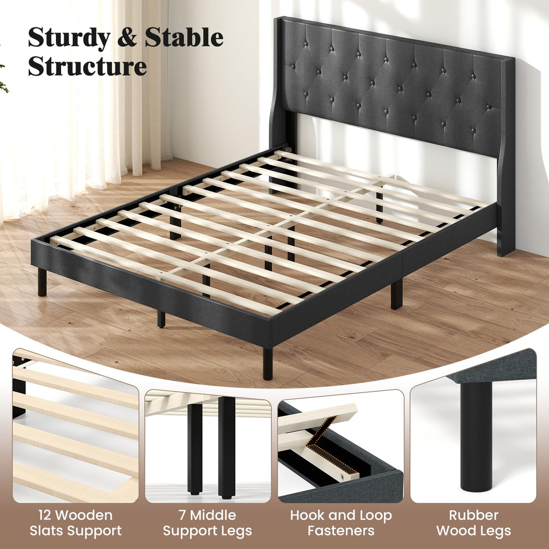 Giantex Queen Size Upholstered Bed Frame Linen Fabric Platform Bed with Button Tufted Wingback Headboard