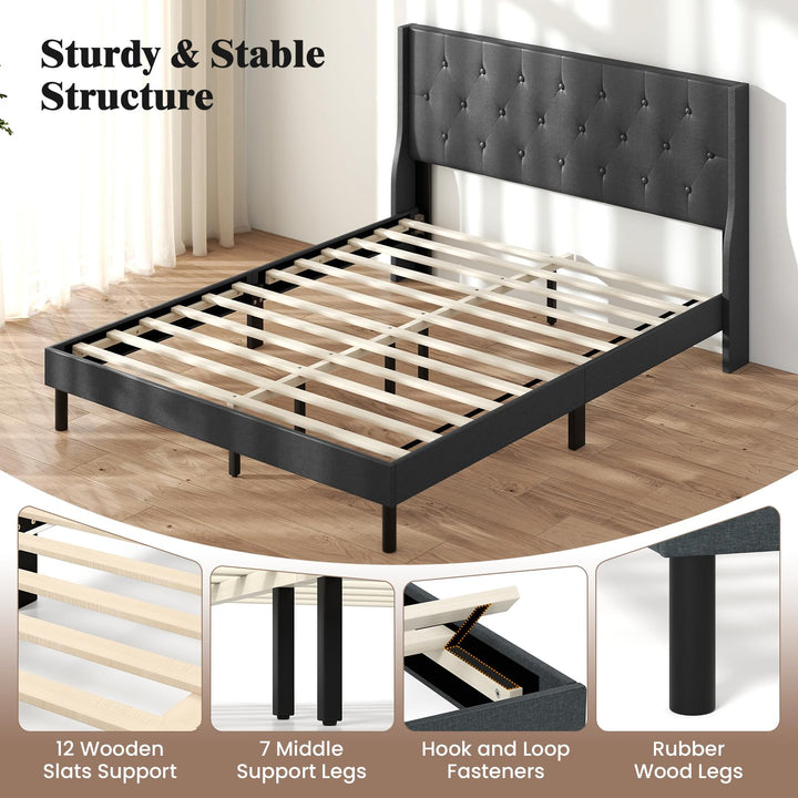 Giantex Queen Size Upholstered Bed Frame Linen Fabric Platform Bed with Button Tufted Wingback Headboard