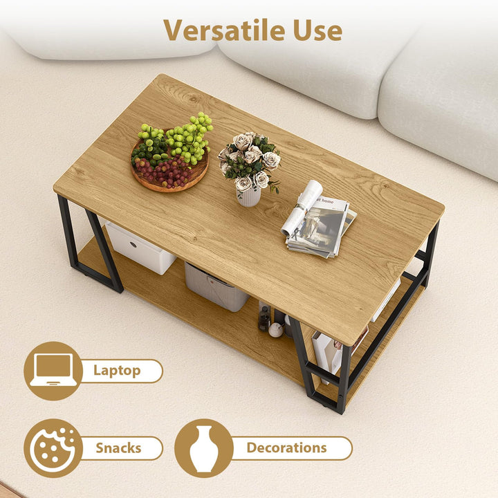 Giantex Rectangle Coffee Table 2-tier Industrial Accent Table with Storage Shelf and Compartment