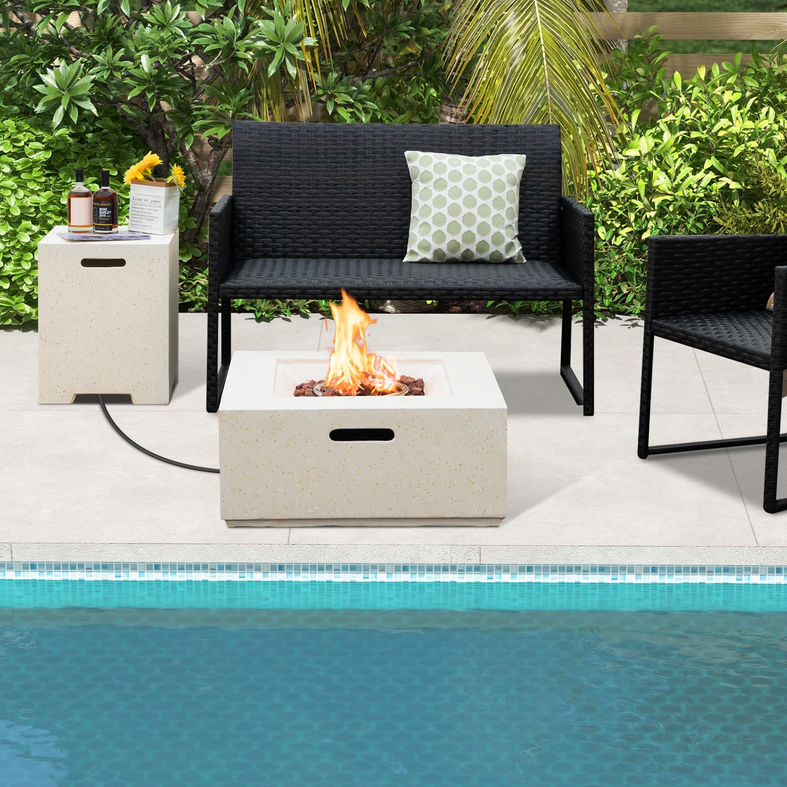 Giantex Propane Fire Pit Table Set, 40,000 BTU 28" Terrazzo Gas Fire Table w/ 16" Hideaway Tank Holder, Protective Covers