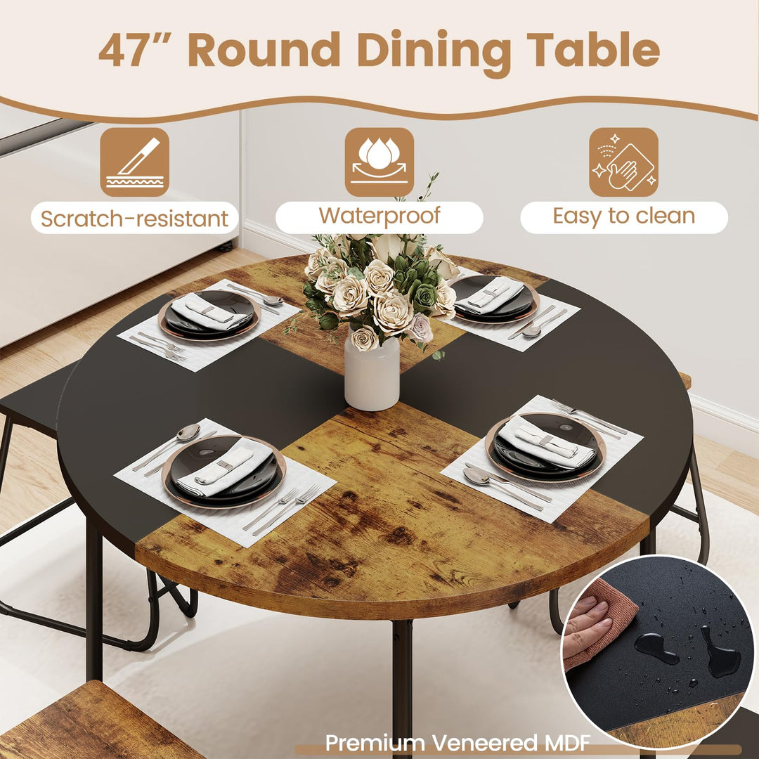 Giantex 5-Piece Dining Set 47" Round Kitchen Table and 4 Stools with Wooden Tabletop