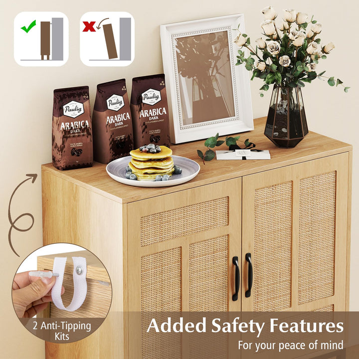 Giantex Sideboard Cabinet Boho Rattan Buffet Cabinet with Storage Adjustable Shelves 2 Doors