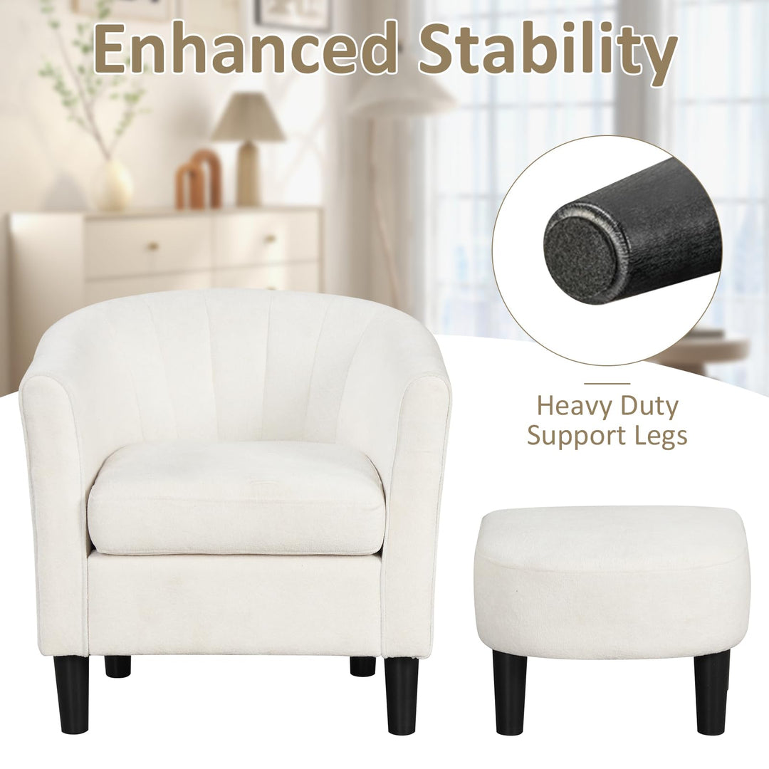 Giantex Modern Accent Chair with Ottoman, Upholstered Teddy Velvet Barrel Club Chair w/Footrest