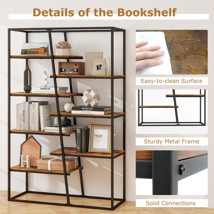 Giantex 7-Tier Industrial Bookshelf, Heavy-Duty Staggered Bookcase, Freestanding Display Storage Rack