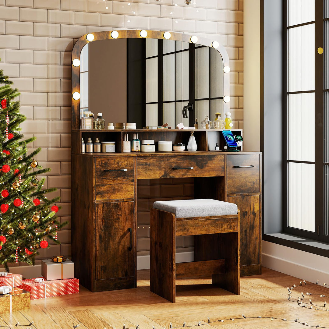 Giantex Vanity Desk Makeup Table with Stool 3-Color Lights and Charging Station