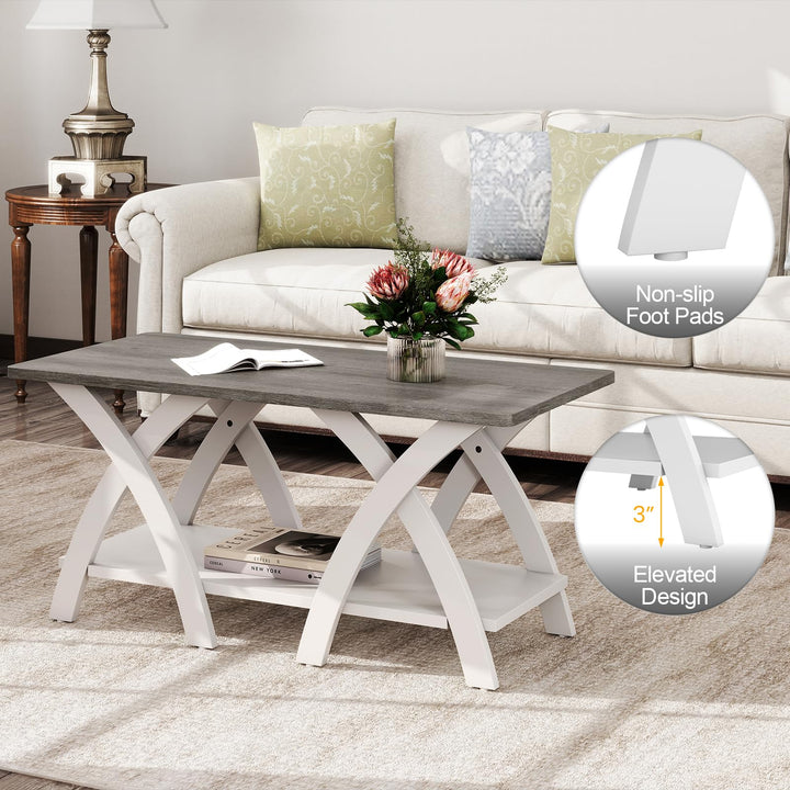 Giantex Farmhouse Coffee Table 2-Tier Wood Center Table with Storage Shelf & X-Shaped Support Legs