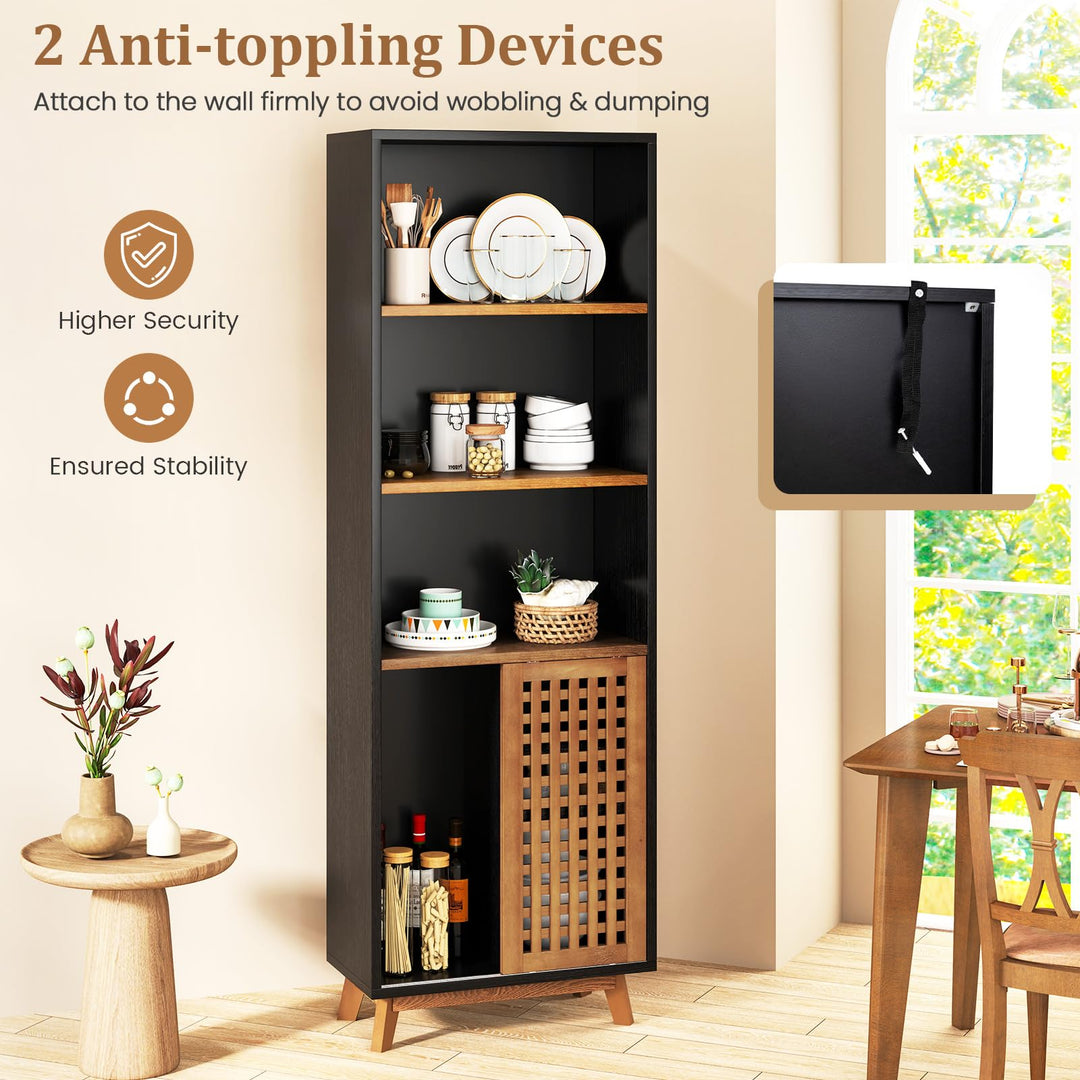 Giantex 70" Bookcase with Sliding Doors 5-Tier Tall Bookshelf with Reversible Adjustable Shelf