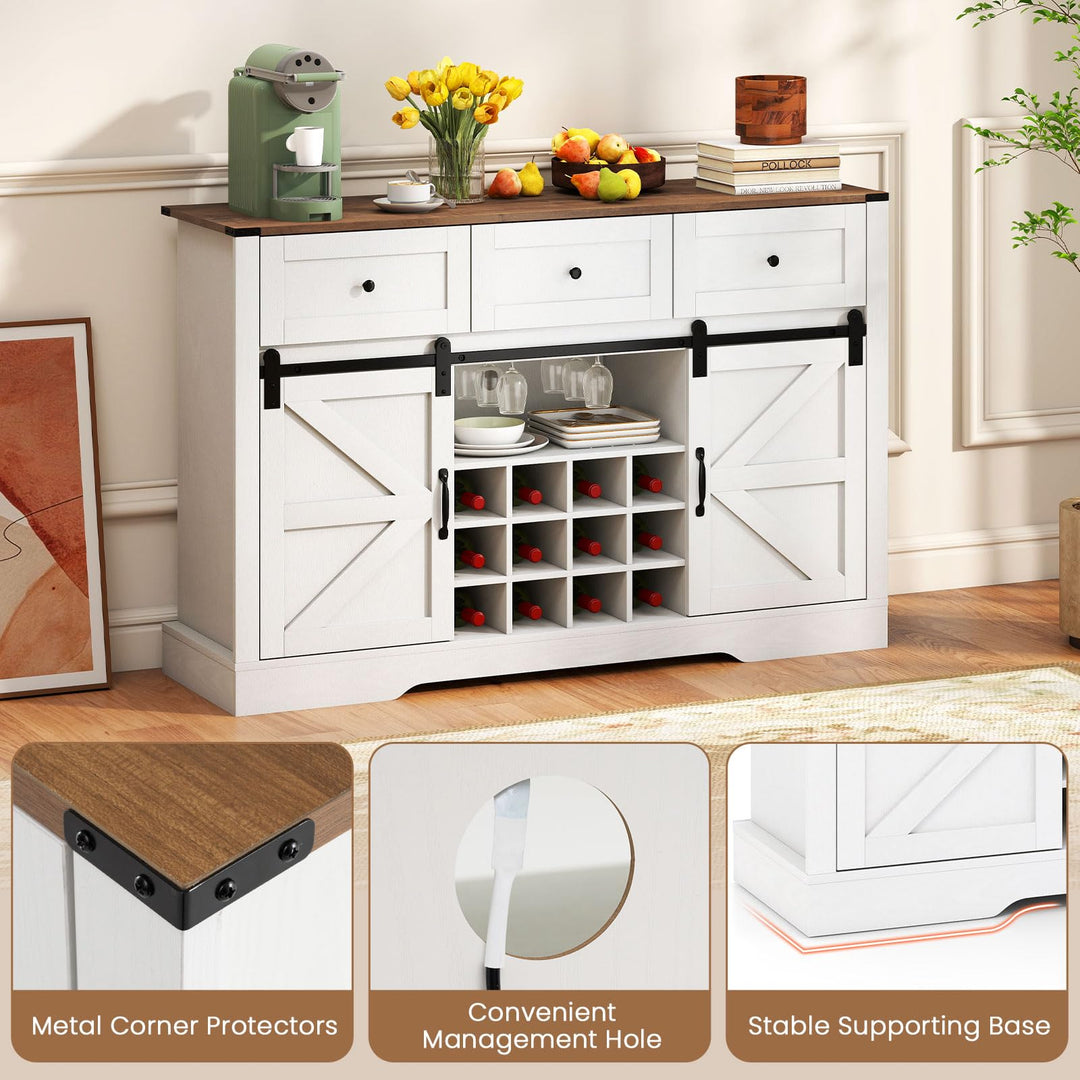 Giantex Wine Bar Cabinet with LED Lights 52" Buffet Sideboard w/Sliding Barn Door 3 Drawer