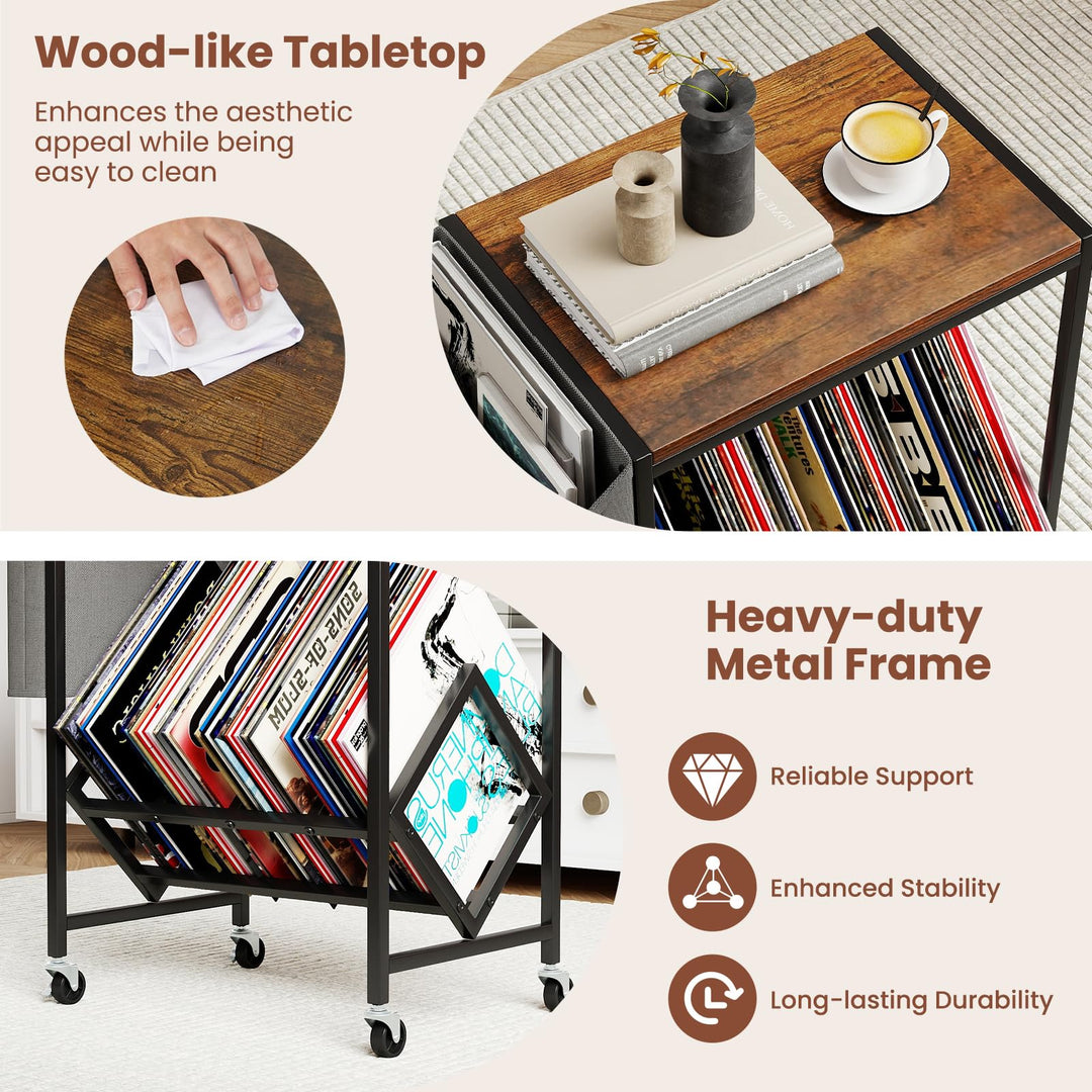 Giantex Rolling Record Player Stand 2-Tier with Vinyl Storage and Magazine Holder Bag