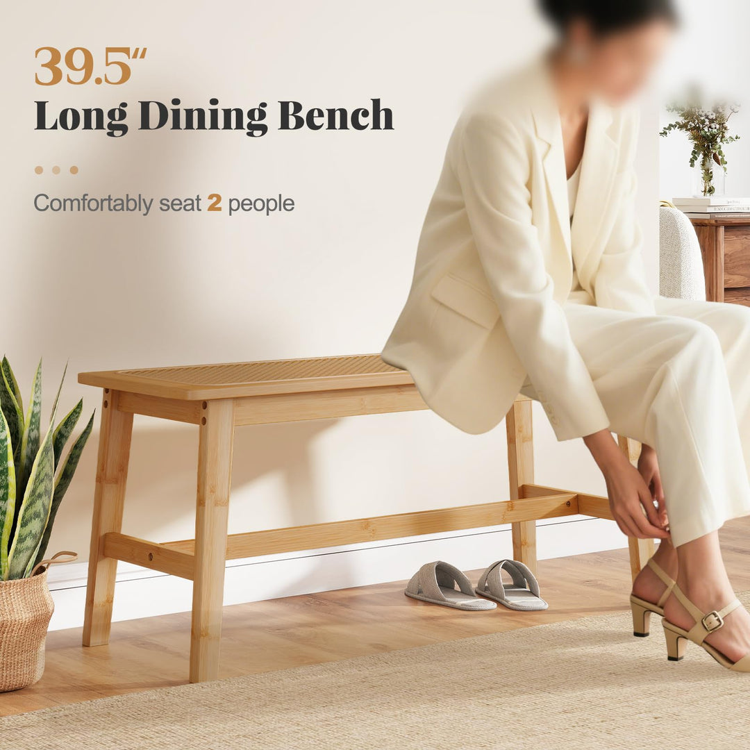 Giantex 39.5" Bamboo Dining Bench with Handwoven Rattan Seat