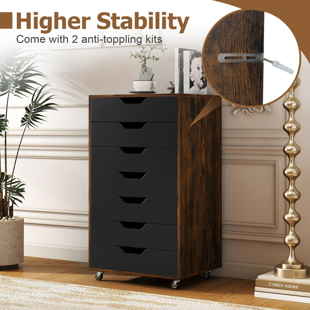 Giantex 7-Drawer Chest Wooden Storage Dresser with Lockable Wheels