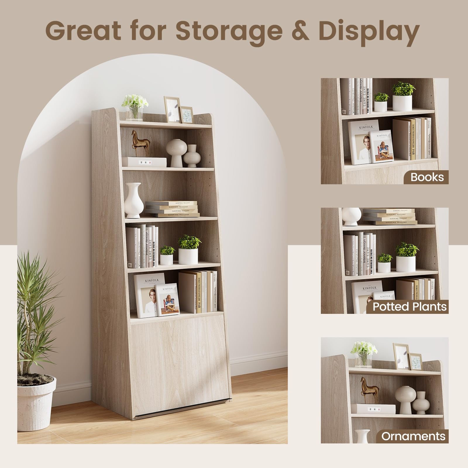 Giantex 6-Tier Bookcase, Freestanding Ladder Bookshelf with 2 Adjustable Shelves & Flip Up Door