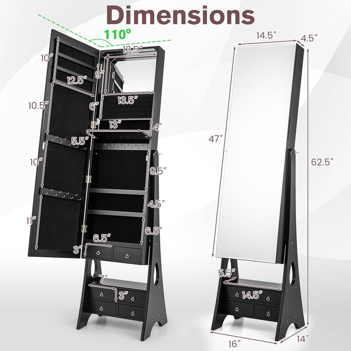 CHARMAID Jewelry Armoire with Full Length Door Mirror & Inside Lighted Vanity Mirror