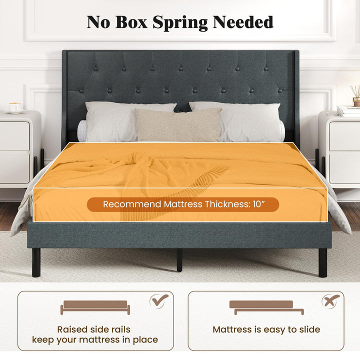 Giantex Queen Size Upholstered Bed Frame Linen Fabric Platform Bed with Button Tufted Wingback Headboard