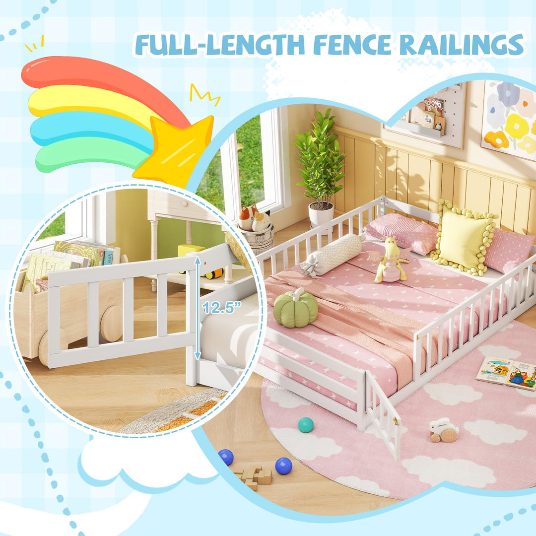 Giantex Floor Bed with Door & Fence Kids Wood Montessori Beds with Safety Guardrails
