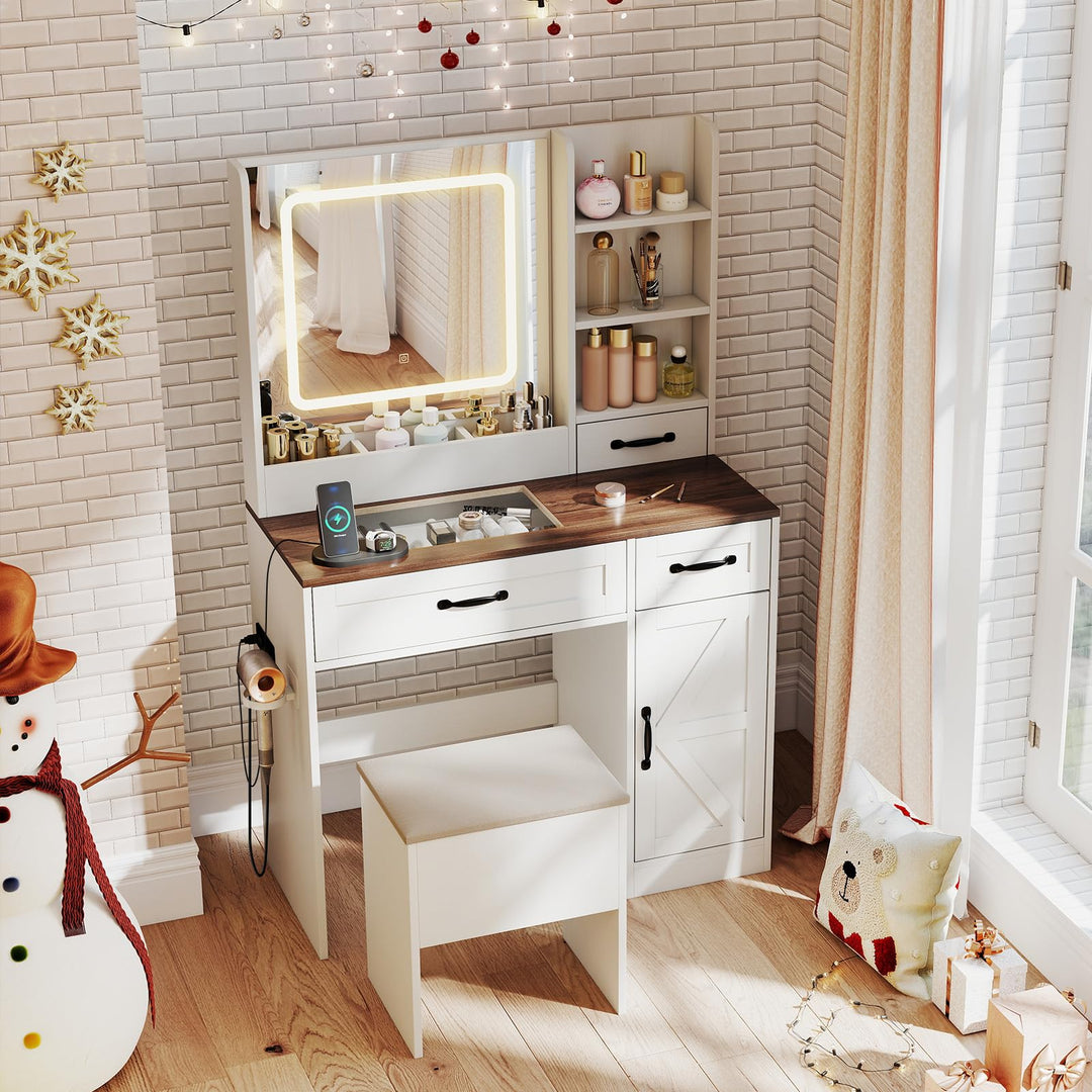 CHARMAID Glass Top Vanity Desk with Lighted Mirror Storage Stool & Drawers