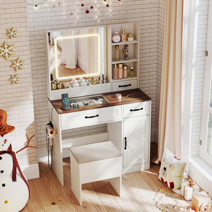 CHARMAID Glass Top Vanity Desk with Lighted Mirror Storage Stool & Drawers