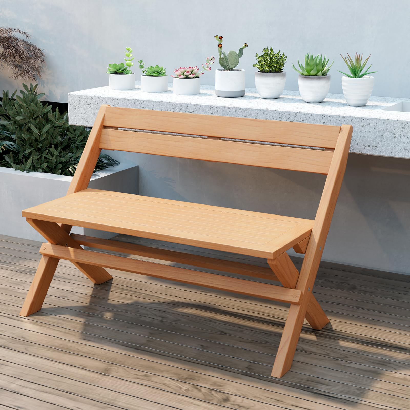 Giantex Wood Outdoor Bench Folding - 2-Person Patio Garden Bench with Solid Teak Wood Structure