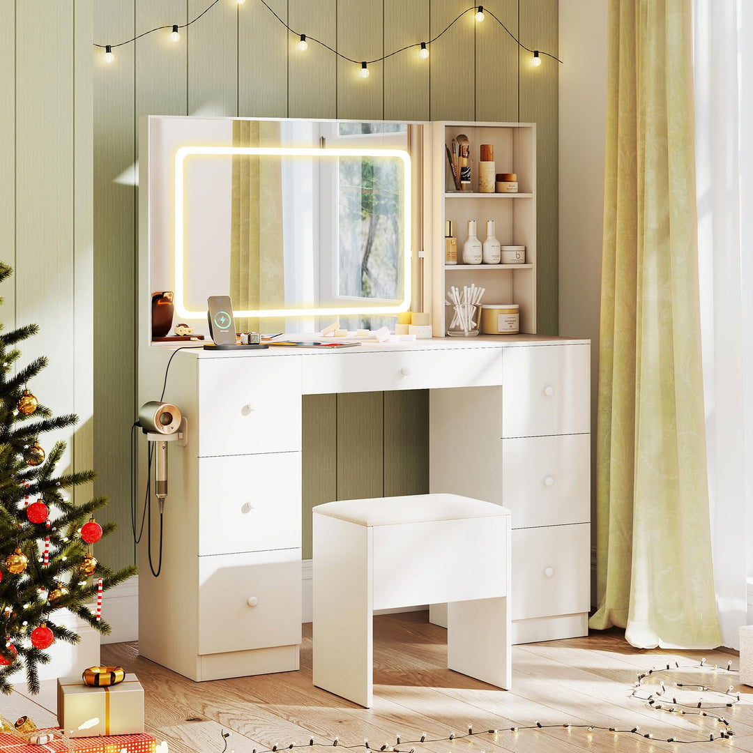 Giantex Large Vanity Desk with Lighted Mirror 46in White Makeup Table with 7 Drawers Charging Station