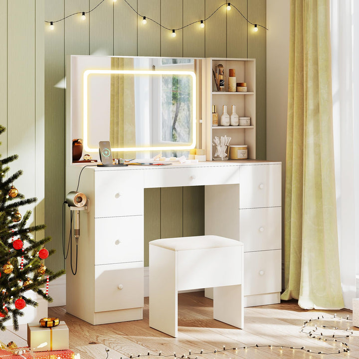 Giantex Large Vanity Desk with Lighted Mirror 46in White Makeup Table with 7 Drawers Charging Station