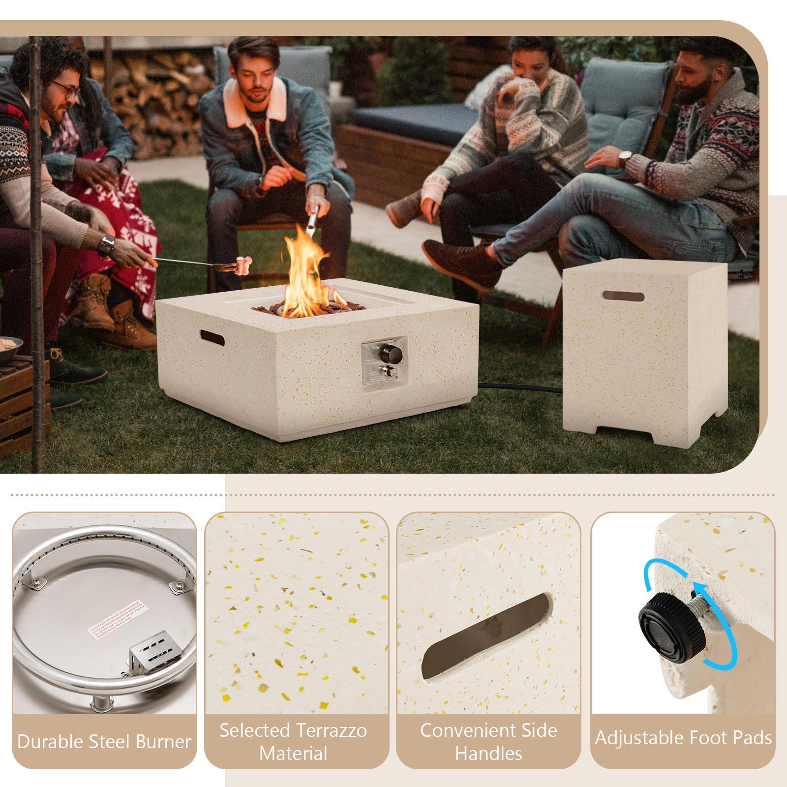 Giantex Propane Fire Pit Table Set, 40,000 BTU 28" Terrazzo Gas Fire Table w/ 16" Hideaway Tank Holder, Protective Covers
