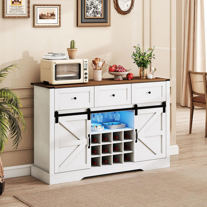 Giantex Wine Bar Cabinet with LED Lights 52" Buffet Sideboard w/Sliding Barn Door 3 Drawer