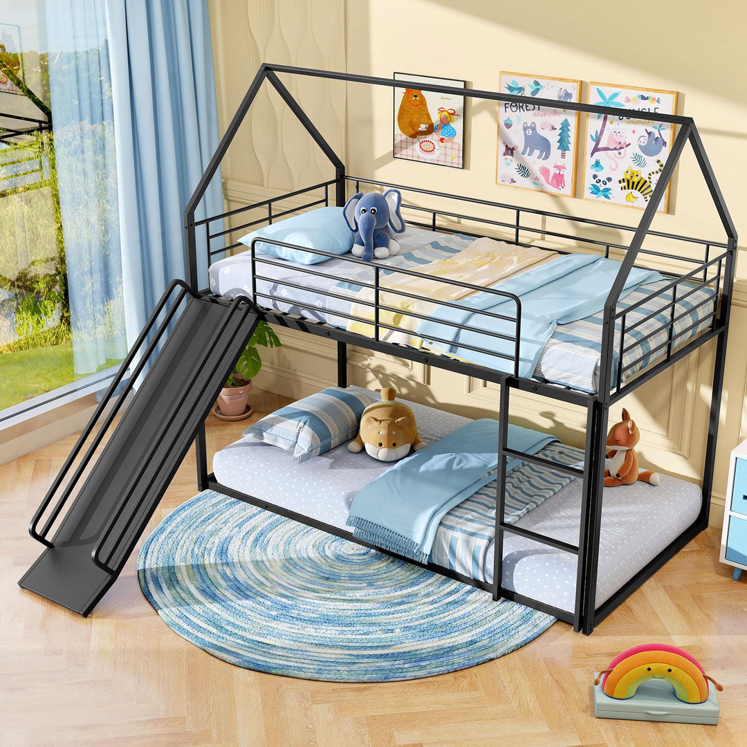 Giantex Twin Over Twin Bunk Bed with Slide & Ladder House-Shaped Metal Bunk Bed Frame with Safety Guardrail & Roof