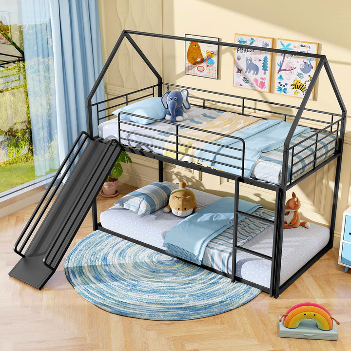 Giantex Twin Over Twin Bunk Bed with Slide & Ladder House-Shaped Metal Bunk Bed Frame with Safety Guardrail & Roof