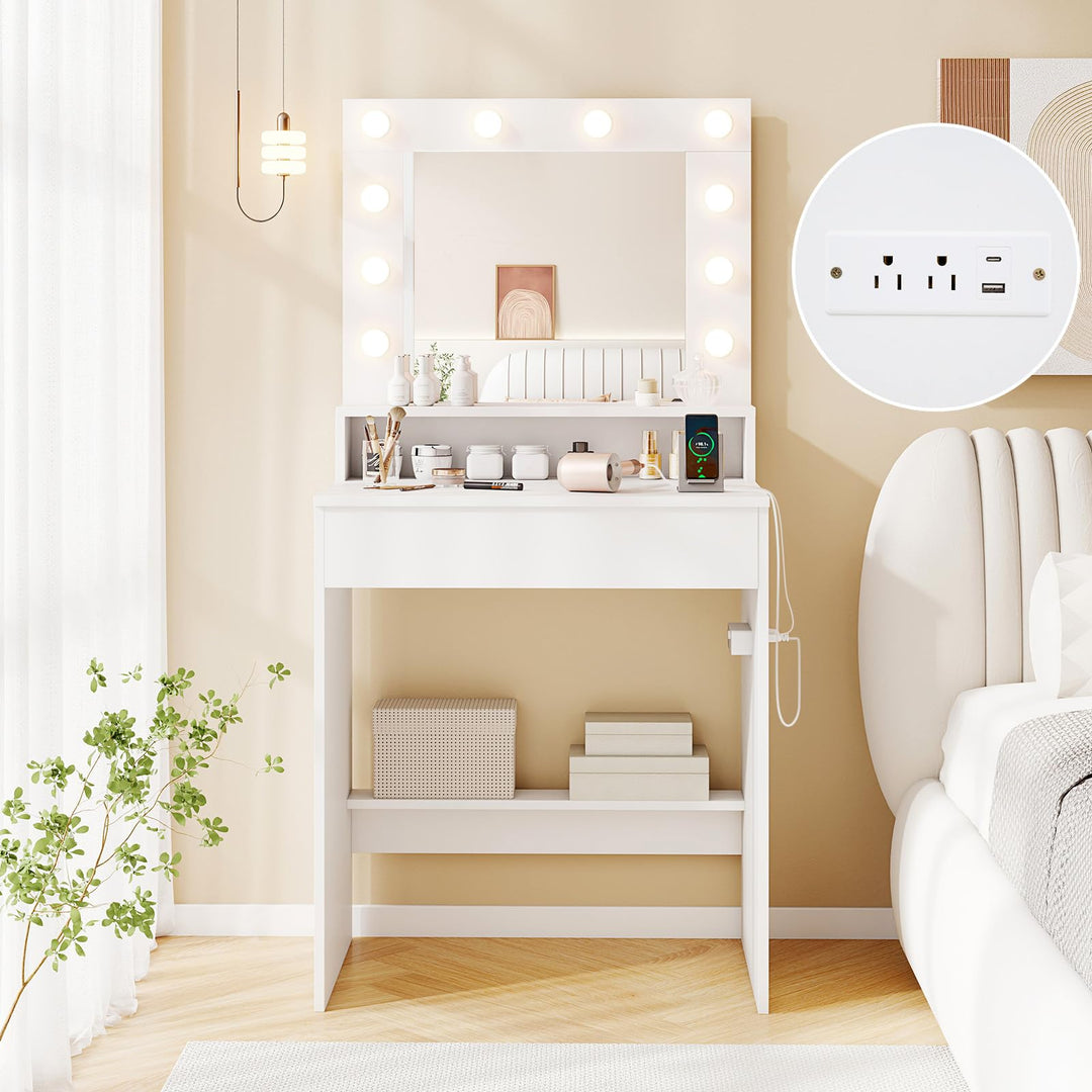 White Makeup Vanity Table with Charging Station