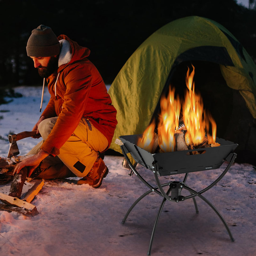 Giantex Folding Campfire Grill, Camping Fire Pit with Stainless Steel Grates, Collapsible Aluminum Legs, Carry Bag