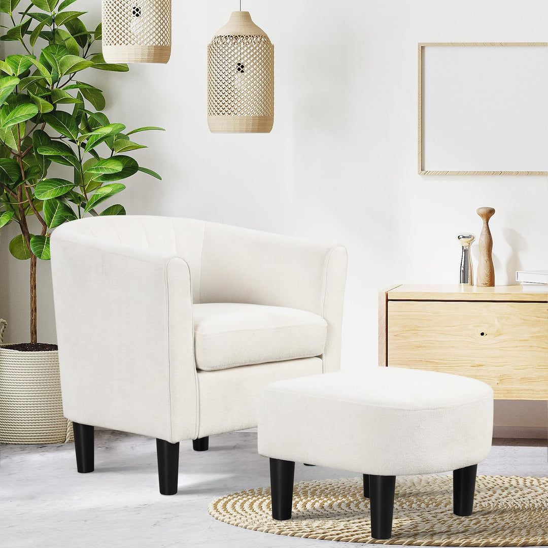 Giantex Modern Accent Chair with Ottoman, Upholstered Teddy Velvet Barrel Club Chair w/Footrest