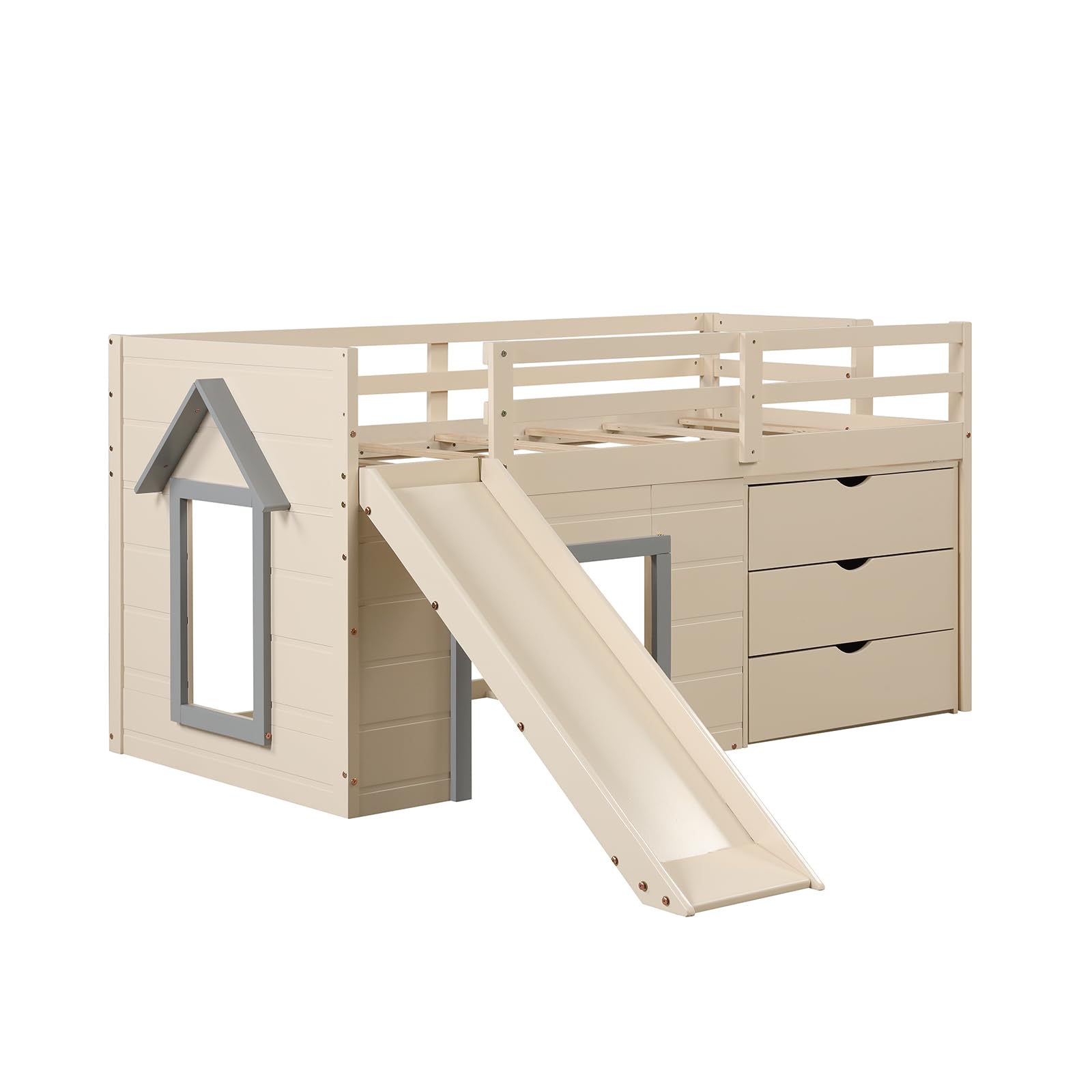 Giantex Twin Low Loft Bed with Slide, Solid Wood Twin Loft Bed with Ladder
