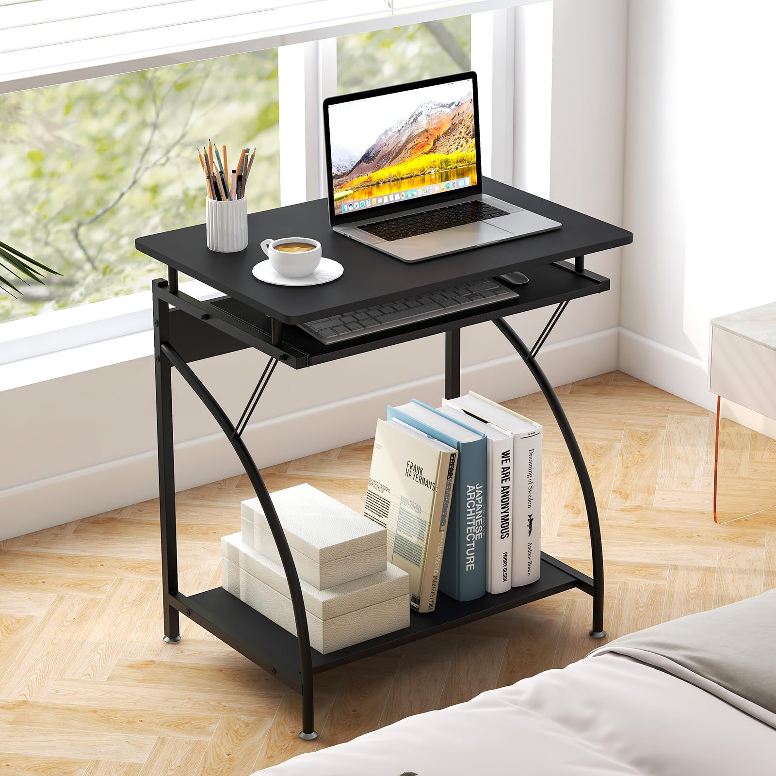 Giantex Computer Desk for Small Spaces, 27.5" Laptop Table with Pull-Out Keyboard Tray & Bottom Storage Shelf