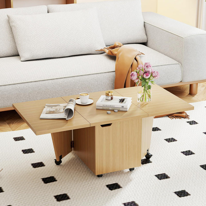 Giantex Folding Coffee Table 48 Inch Drop Leaf Extendable Center Table with Storage Cabinet & Wheels