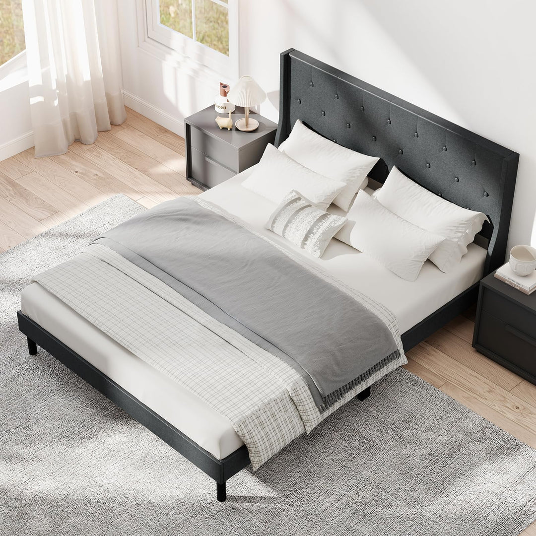 Giantex Queen Size Upholstered Bed Frame Linen Fabric Platform Bed with Button Tufted Wingback Headboard