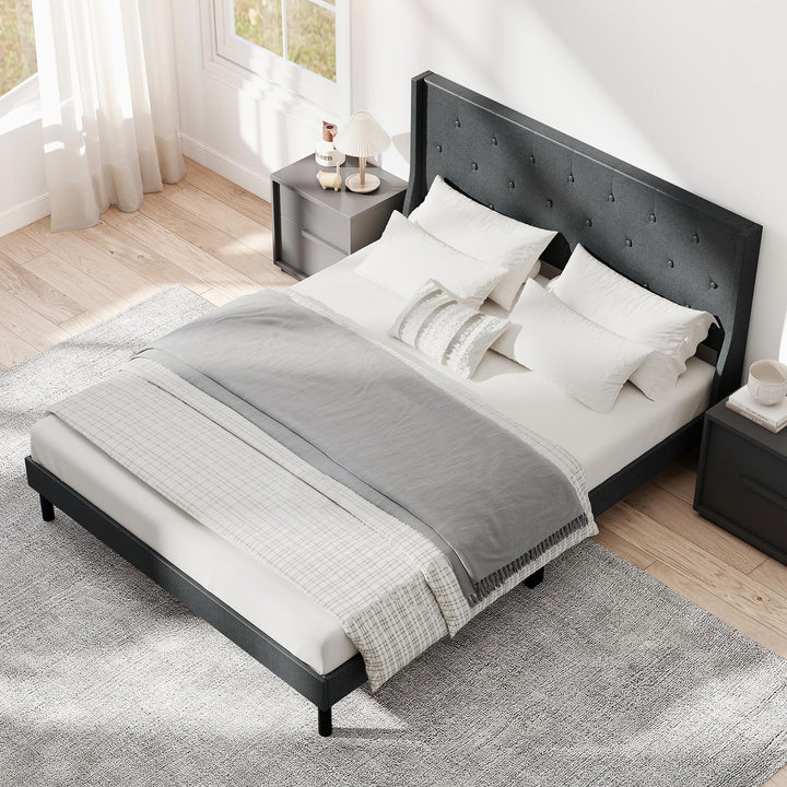 Giantex Queen Size Upholstered Bed Frame Linen Fabric Platform Bed with Button Tufted Wingback Headboard