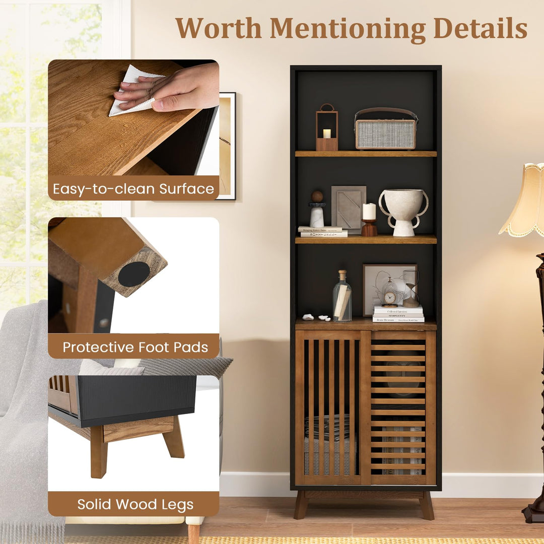 Giantex 70" Bookcase with Sliding Doors 5-Tier Tall Bookshelf with Reversible Adjustable Shelf