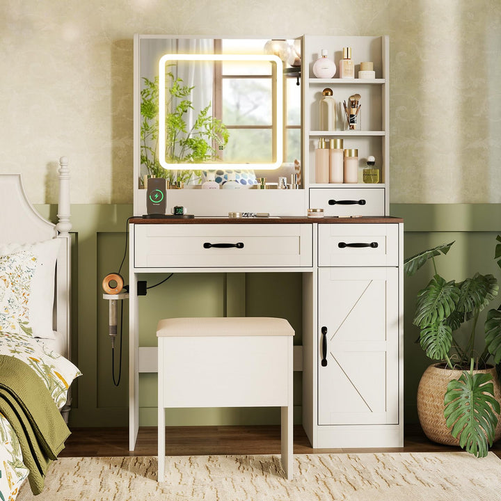 CHARMAID Glass Top Vanity Desk with Lighted Mirror Storage Stool & Drawers