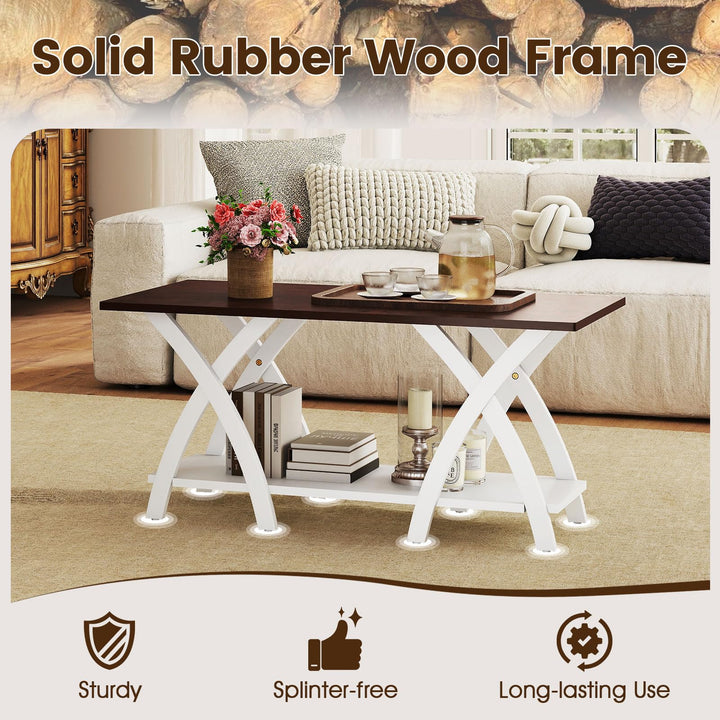 40 Inch Farmhouse Wooden 2-Tier Coffee Table with Storage Shelf for Living Room